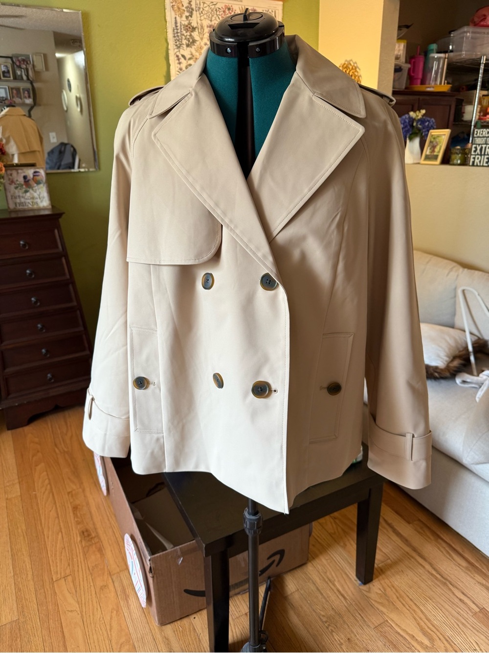 Lands' End Women's Light Beige Double-Breasted Trench Jacket